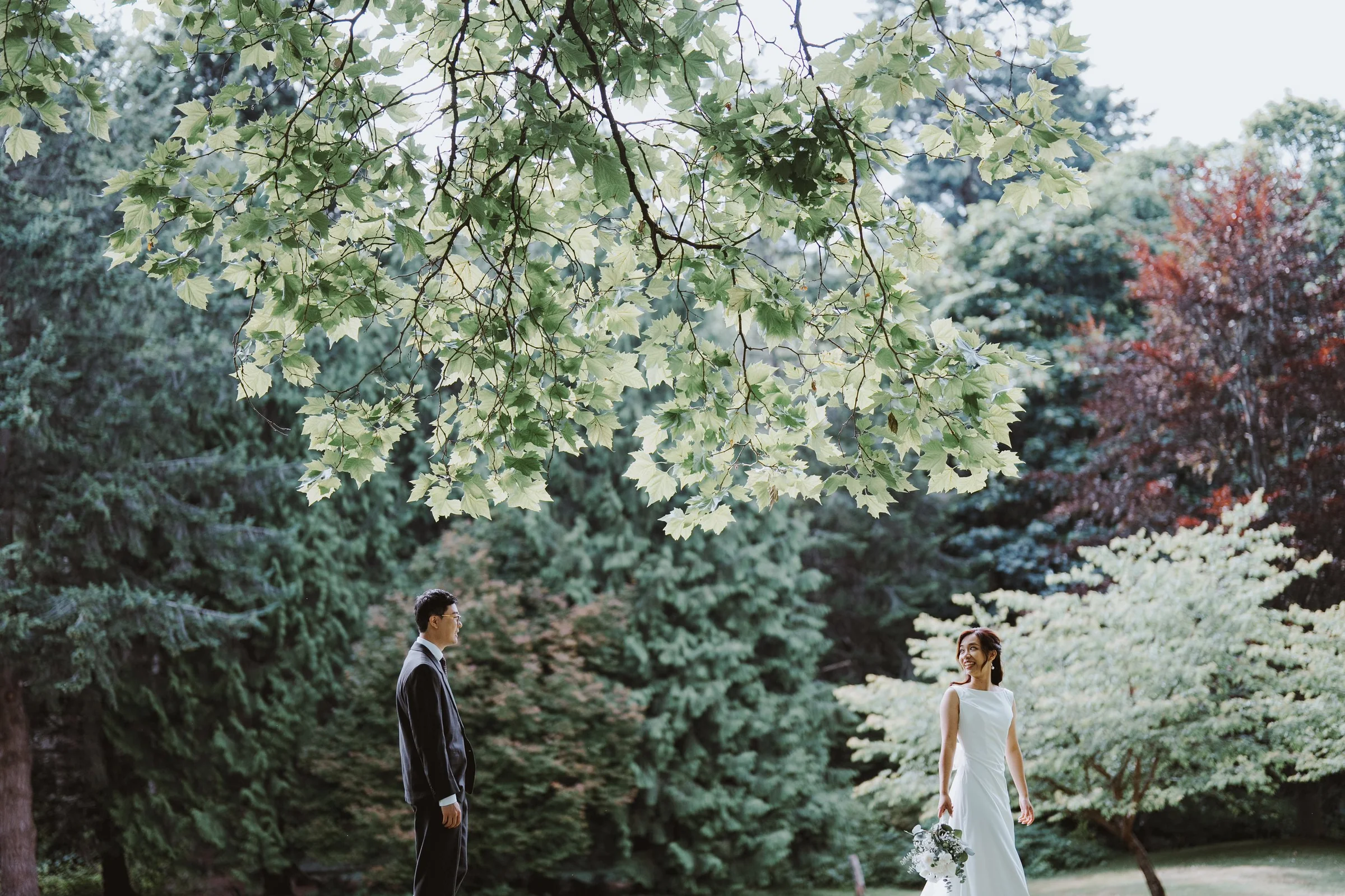 Chloe and Marco facing each other beneath leafy trees at Stanley Park, Vancouver.