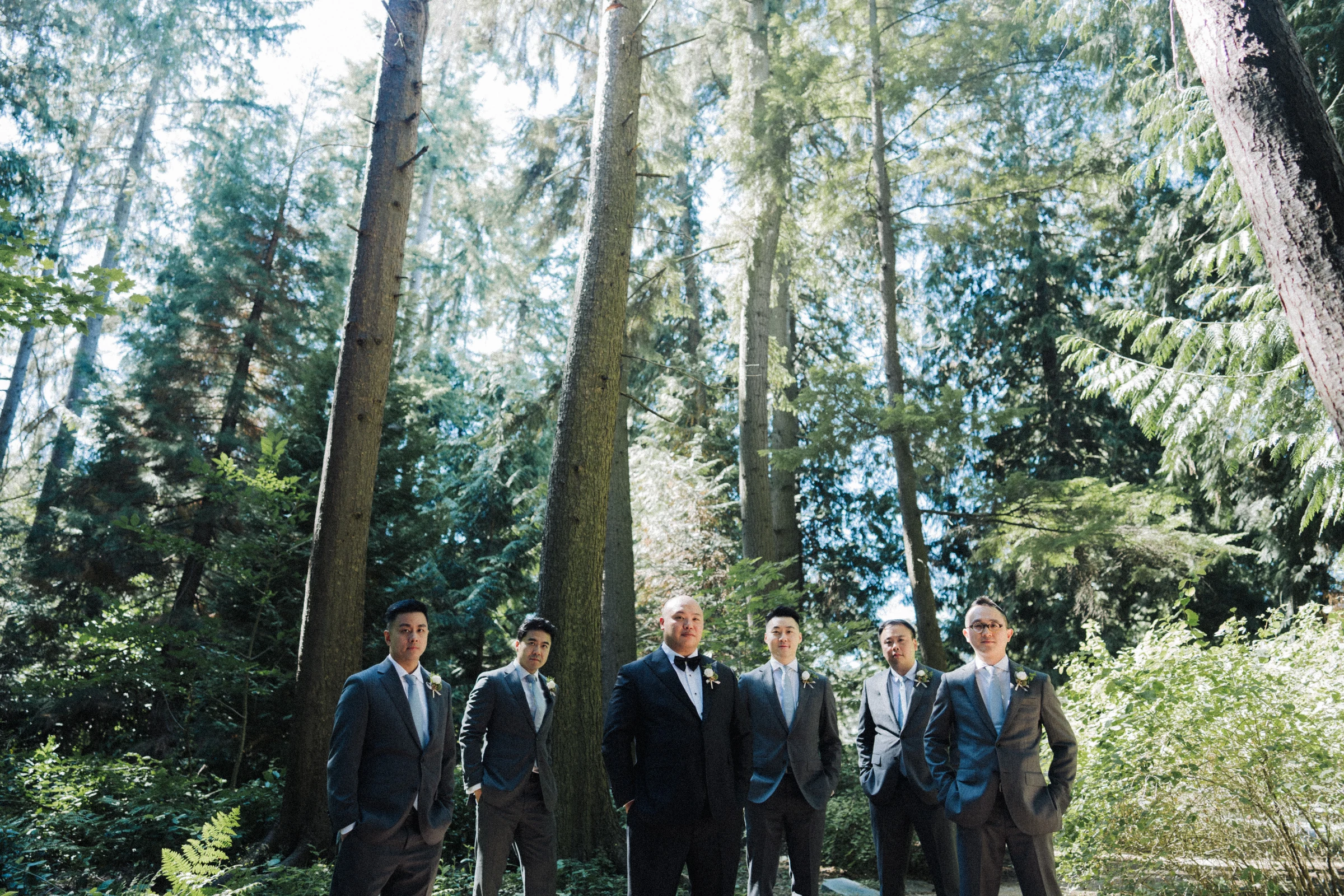 Groom and groomsmen lined up among tall trees at Paulik Park.