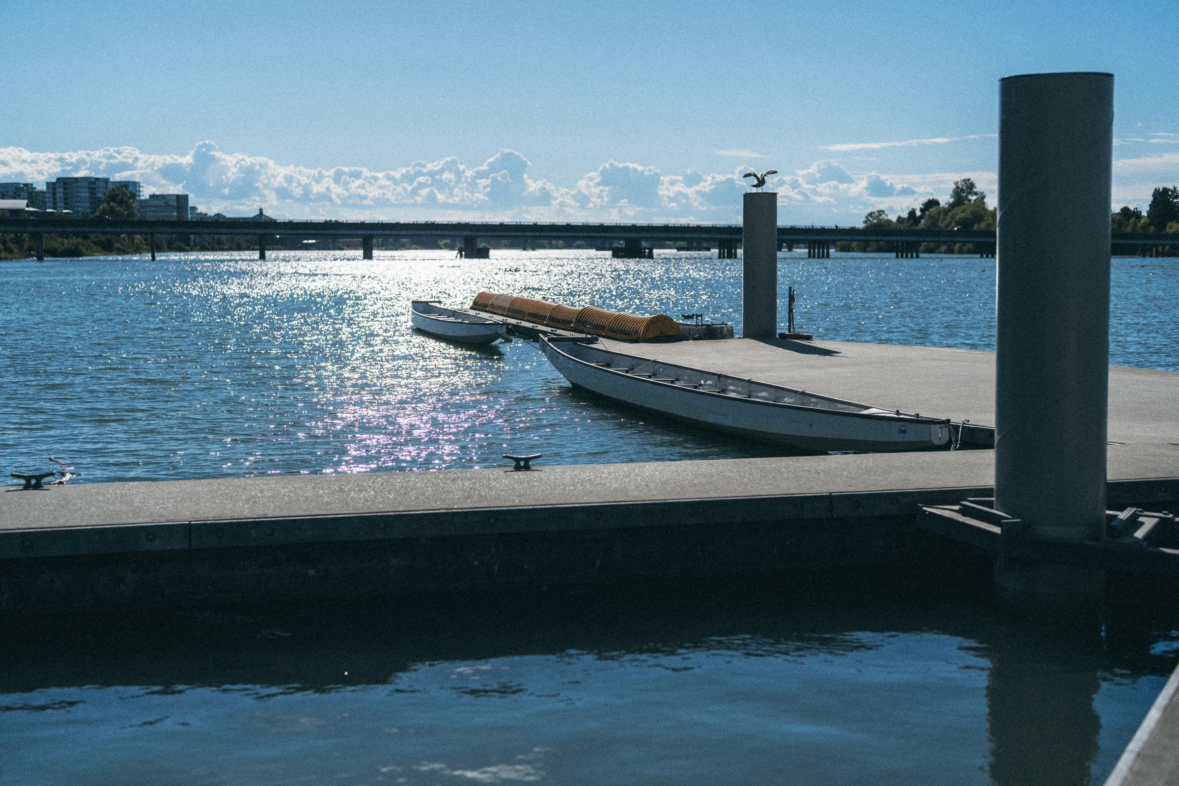 Sunlight sparkling across the water beside small boats moored at the dock.