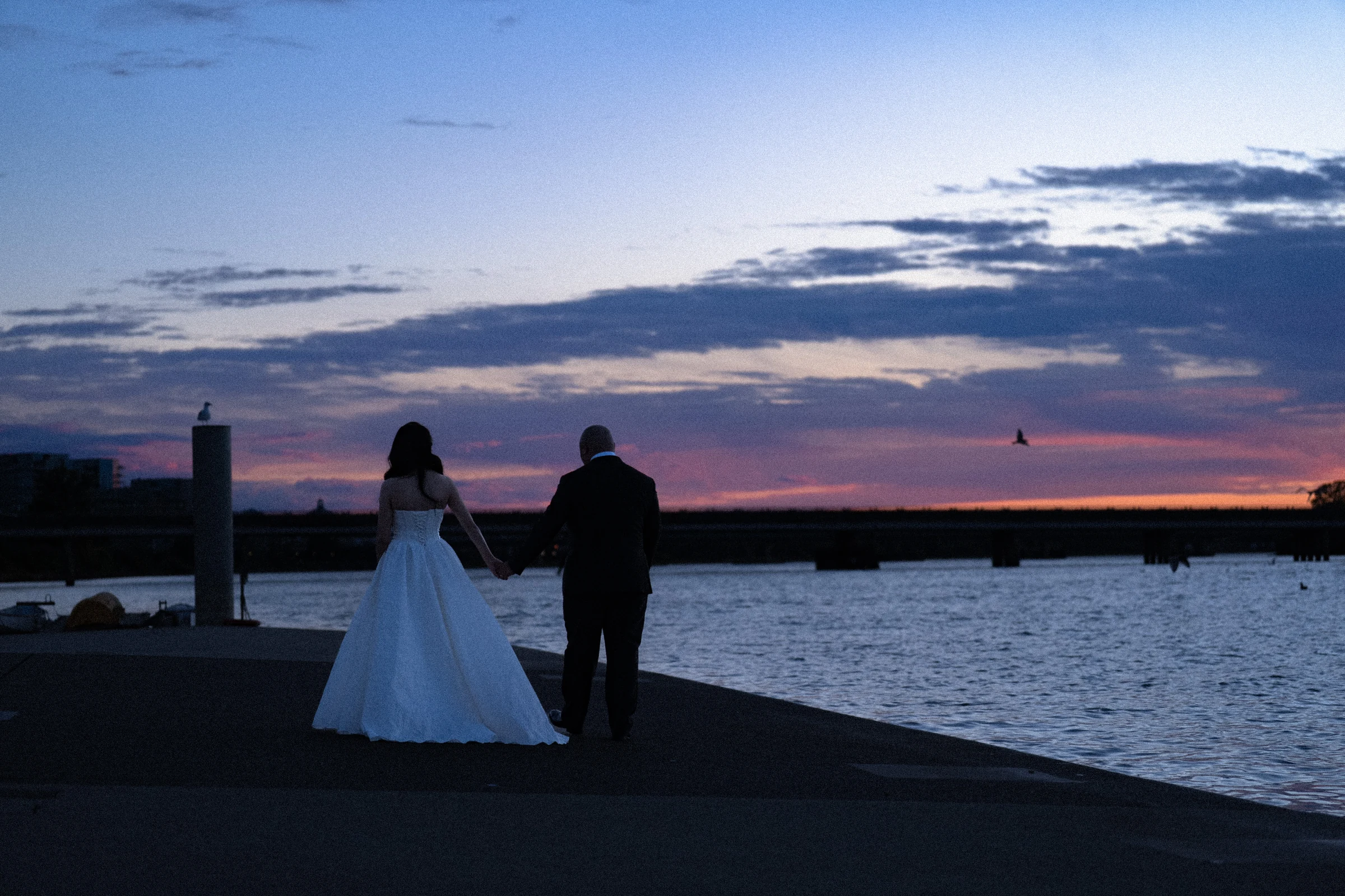 Couple holding hands with their backs to the camera beneath a pink evening sky.