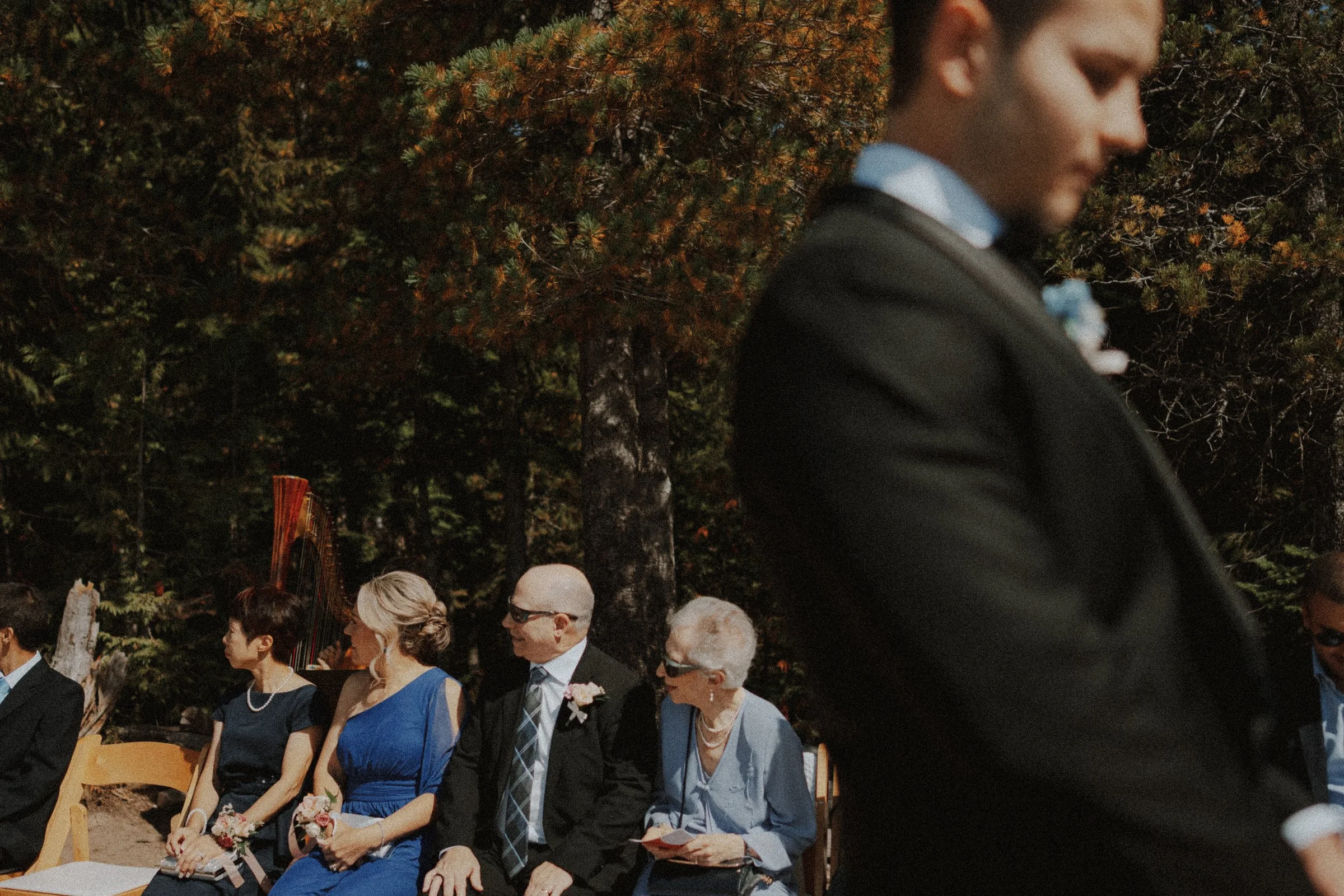 Seated wedding guests beneath trees as the groom passes in the foreground.