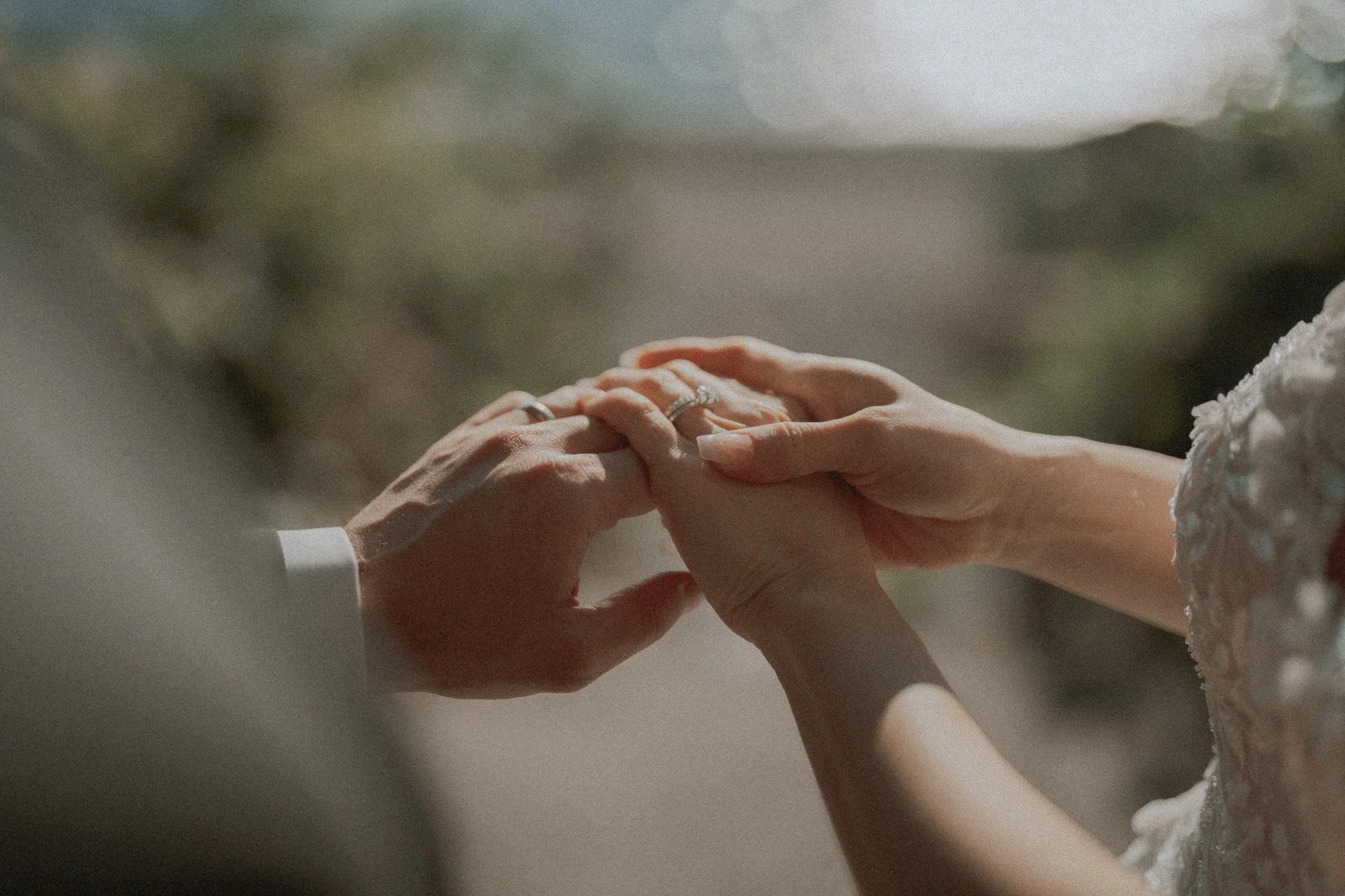 Close-up of the couple's hands and wedding rings in soft sunlight.