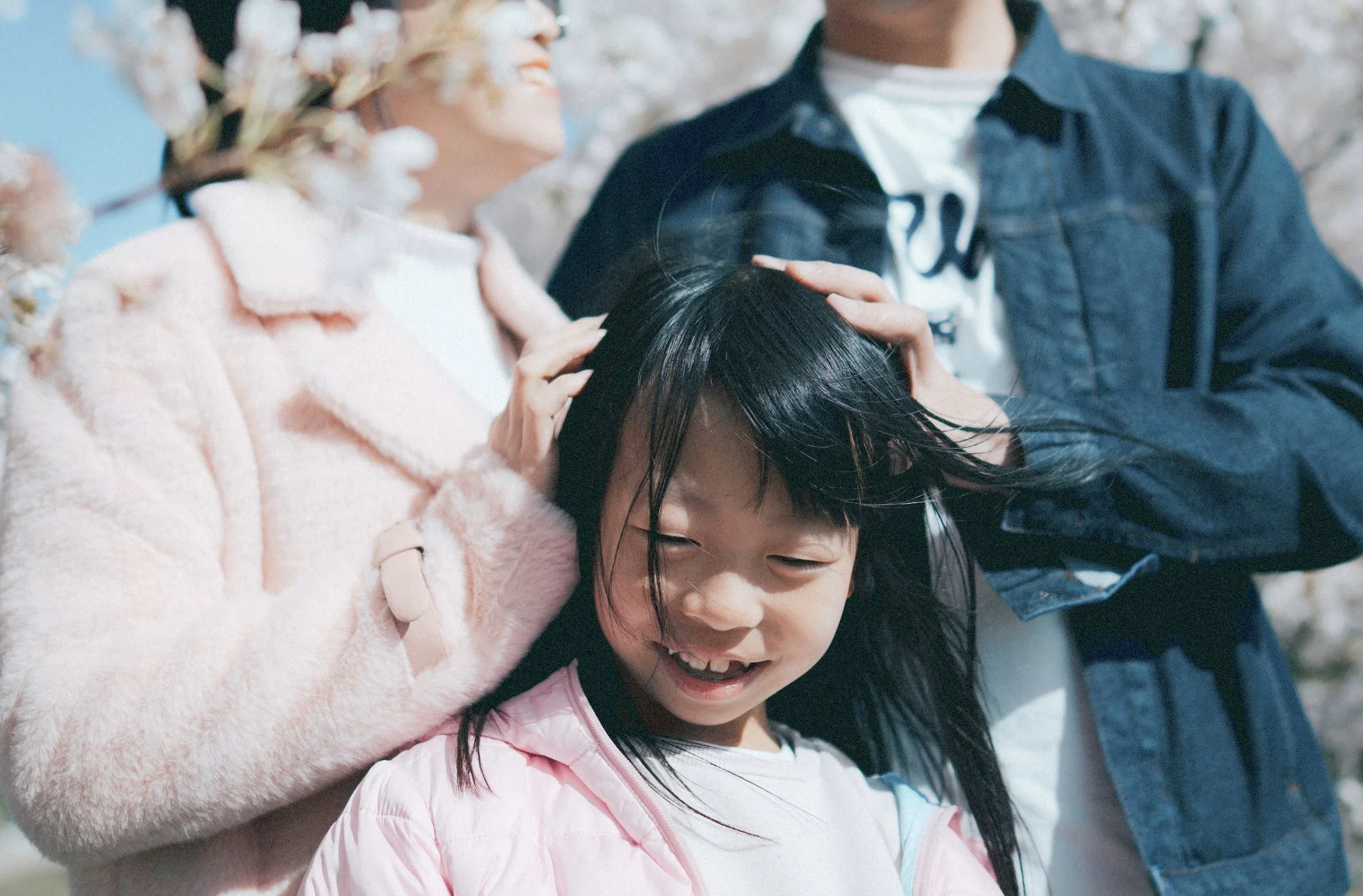 A tender close-up of a smiling young girl in a pink jacket, flanked by her parents (cropped at the shoulders) who have their hands gently on her head, amidst blurry pink cherry blossoms in Vancouver.