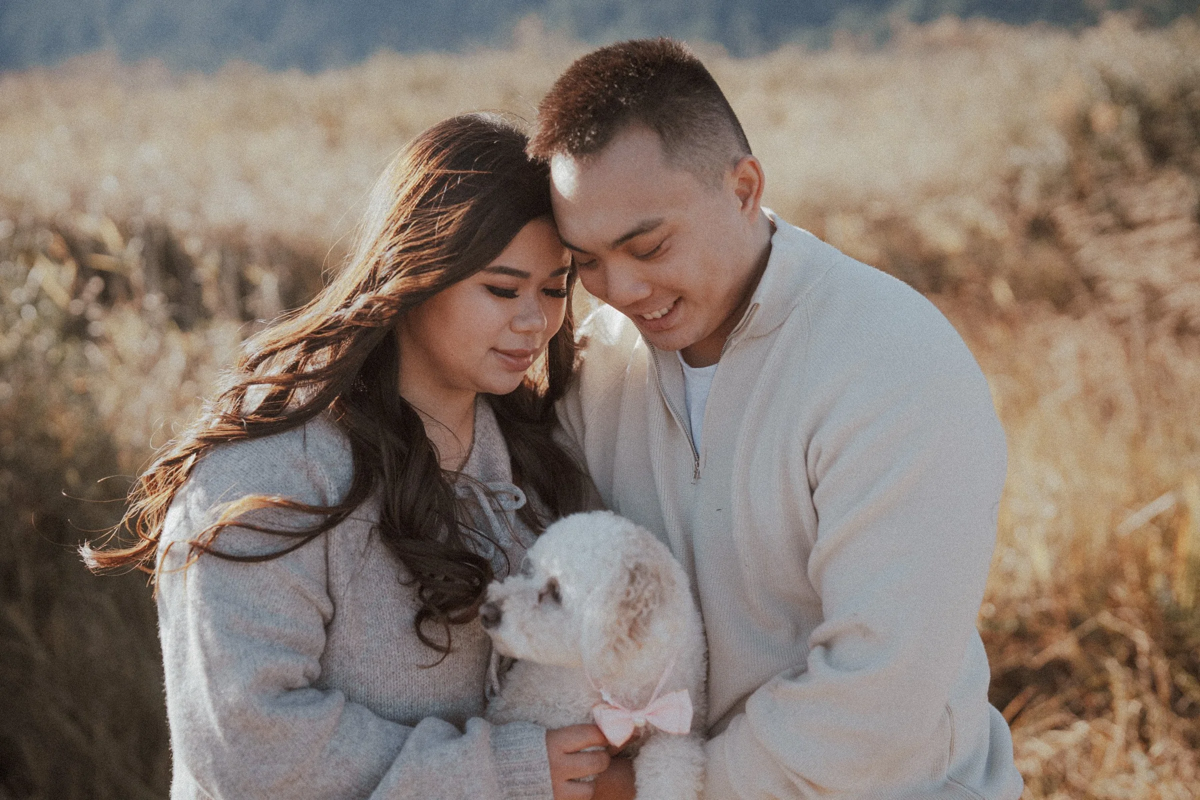 Couple embracing in open field, Pitt Lake mountains and golden light.