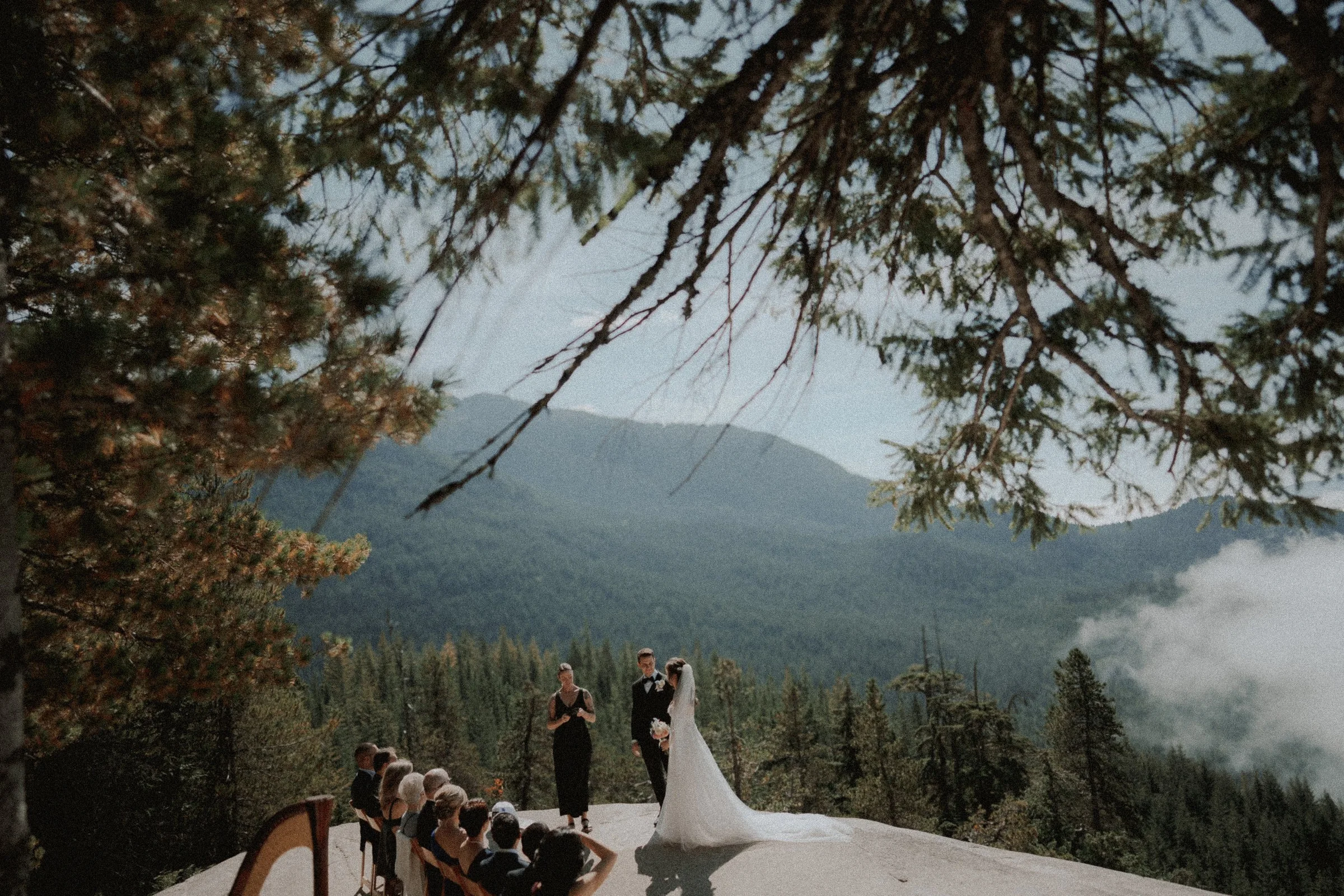 Ceremony overlooking evergreen forests and clouds, framed by branches.