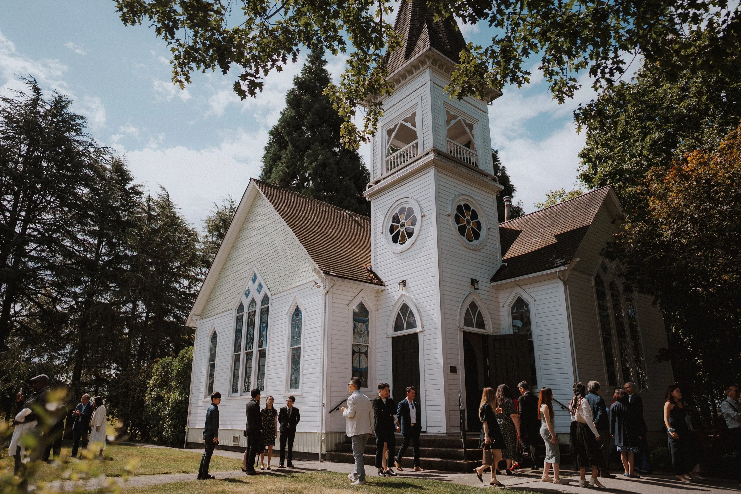 Wedding guests arriving at Minoru Chapel entrance for the ceremony.
