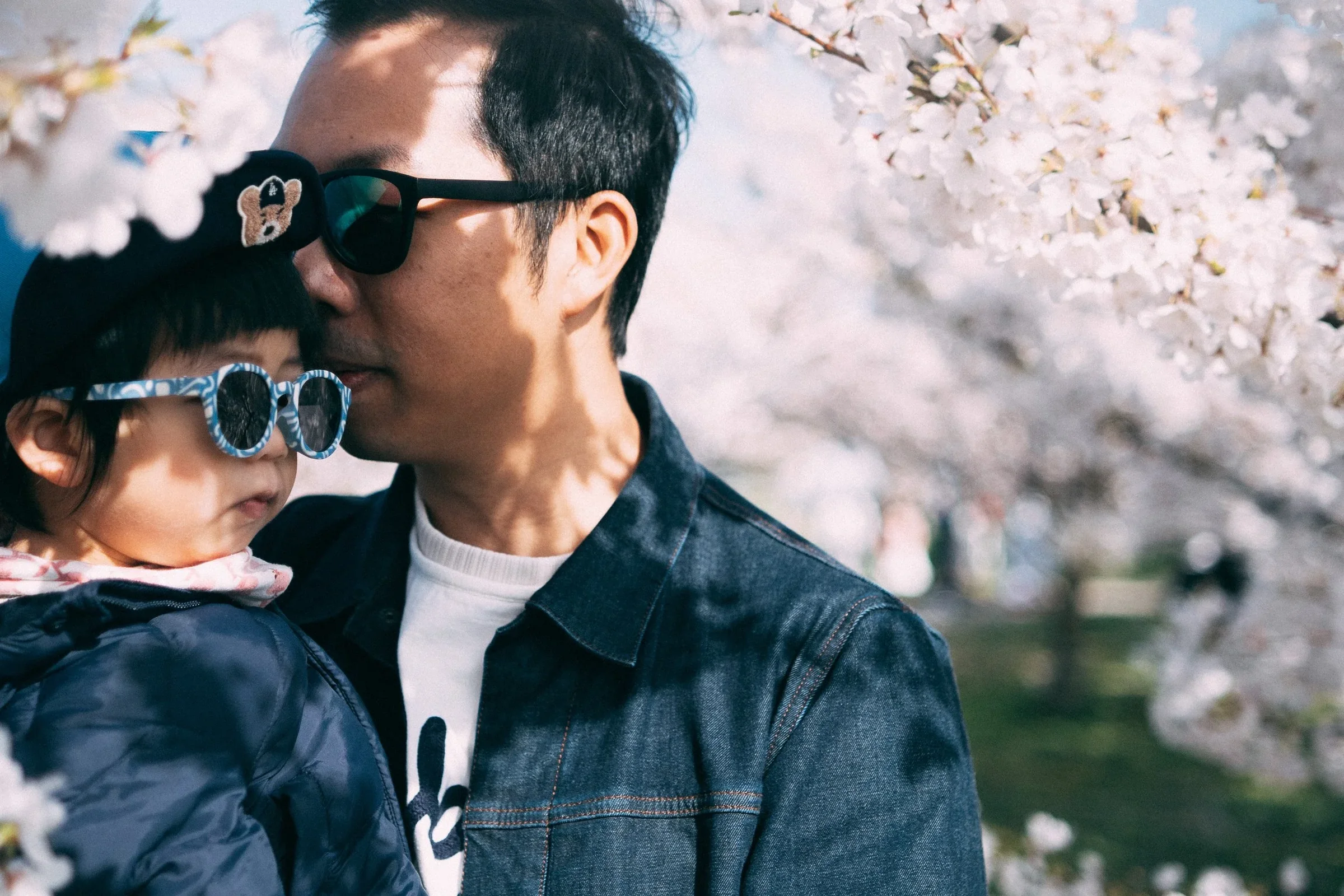 A soulful, cinematic close-up of a father affectionately leaning into his toddler amidst sun-drenched cherry blossoms in Vancouver, with soft shadows and a dreamy, nostalgic atmosphere.