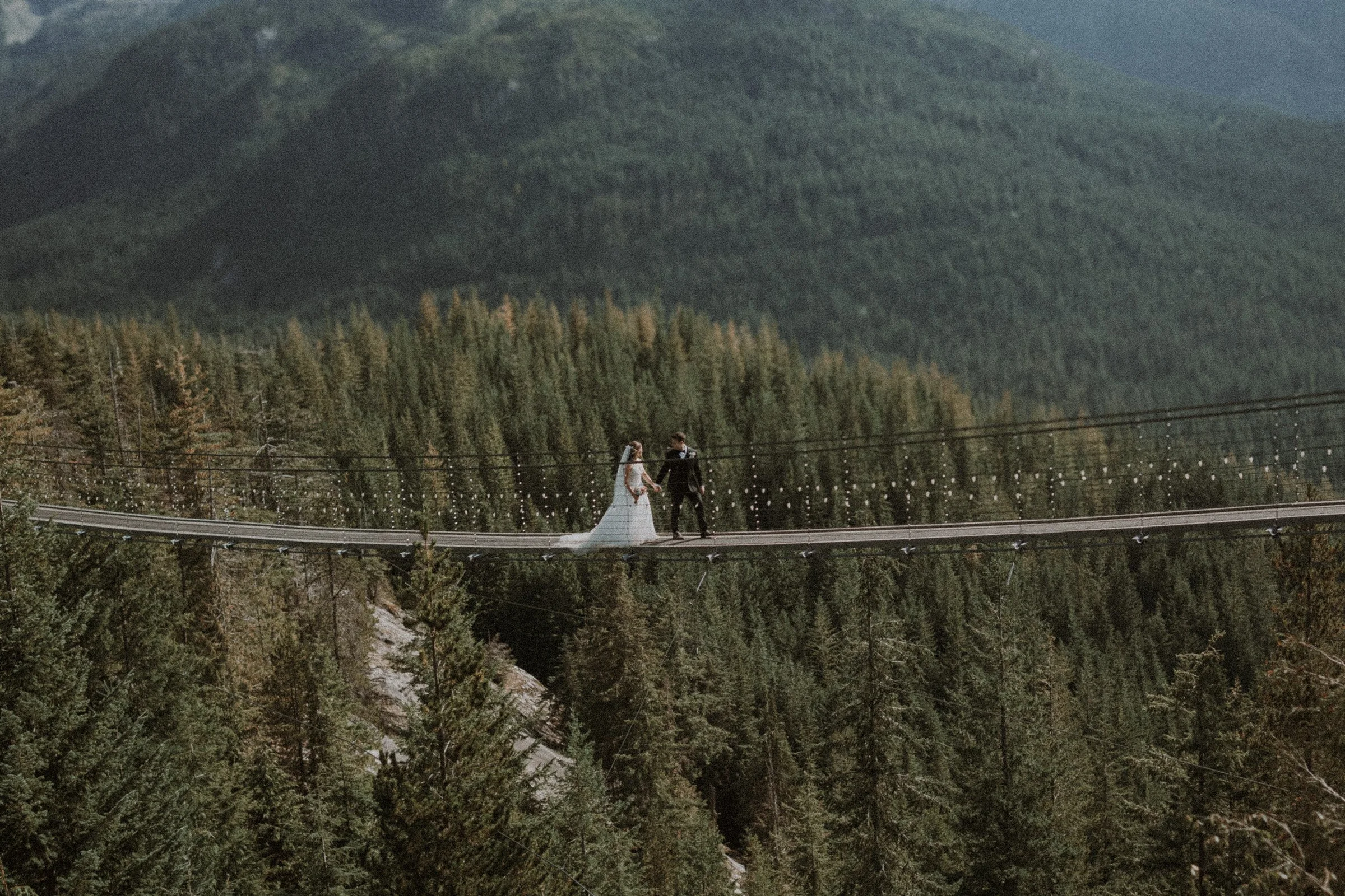 Wide view of the couple on a suspension bridge above an evergreen forest.