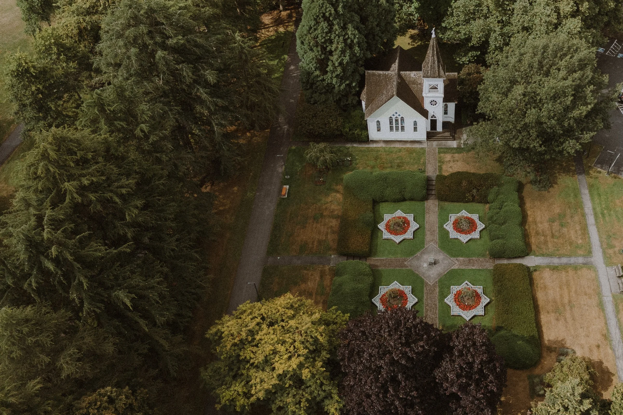 Aerial view of Minoru Chapel and symmetrical garden, Richmond wedding venue.