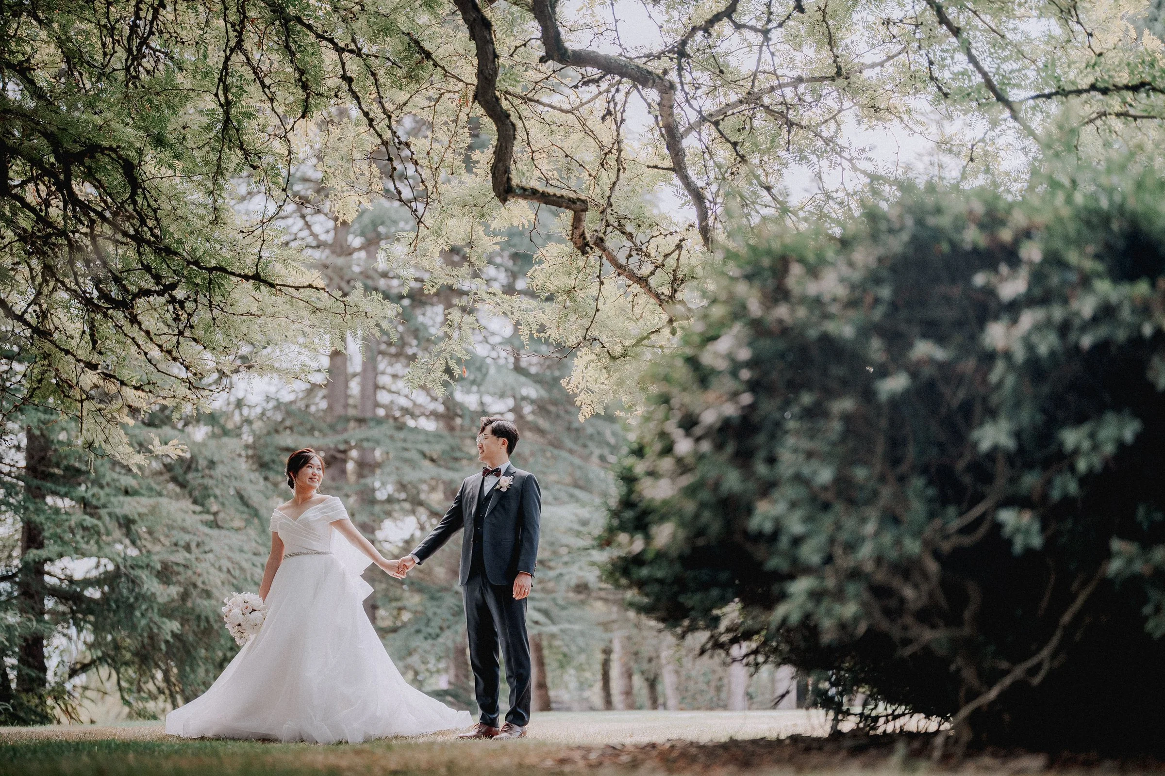 Bride and groom holding hands beneath spreading tree branches.
